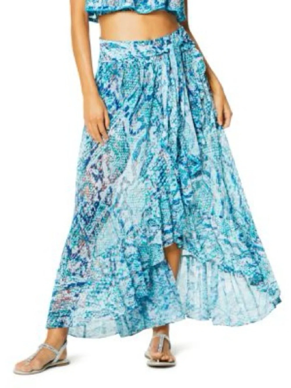 Ramy Brook Snakeskin Smocked Ruffle Maxi Skirt Swim Cover Up Sz L Resort Beach